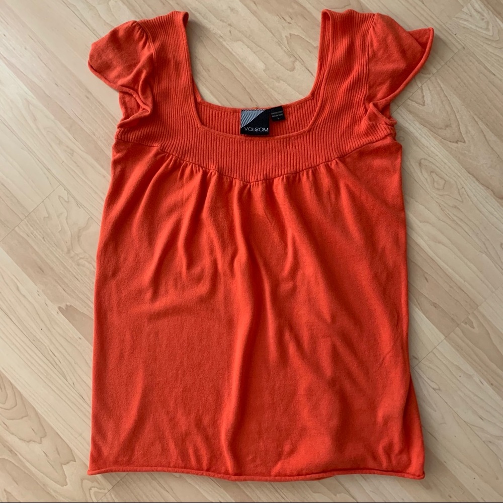 Volcom square neck orange knit babydoll top L